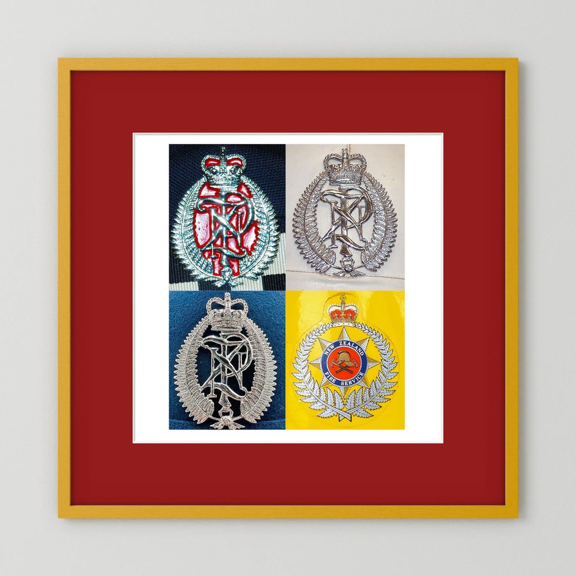 New Zealand Police & Fire Helmet Cap Badges, Late Twentieth Century. Photograph - Art goes to War