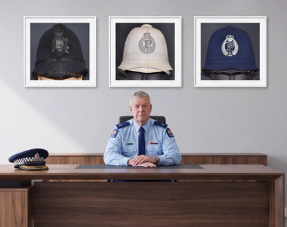 New Zealand Police Helmet, 1984, White Summer Version. Photograph - Art goes to War