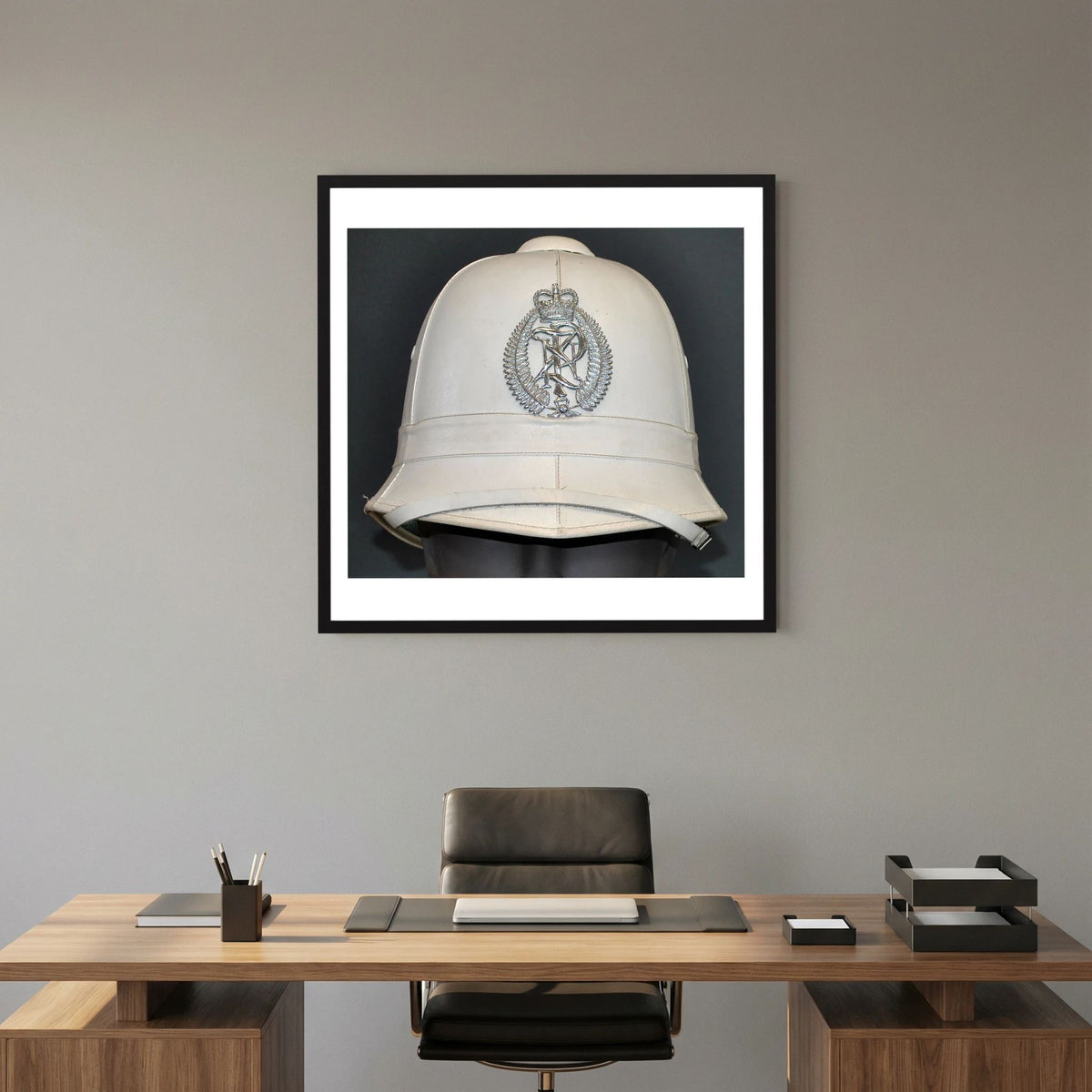 New Zealand Police Helmet, 1984, White Summer — photograph presentation mockup