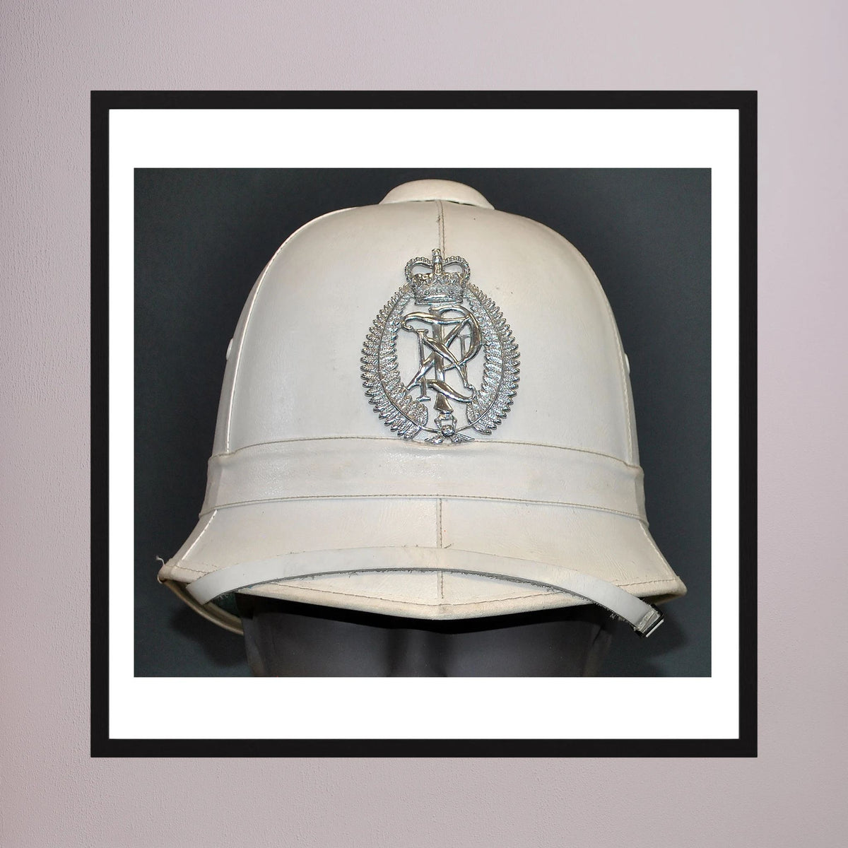 New Zealand Police Helmet, 1984, White Summer — photograph presentation mockup