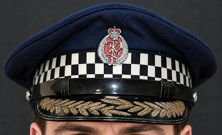 Photograph of NEW ZEALAND Police Peaked Cap, Sillitoe Tartan Band. Senior rank