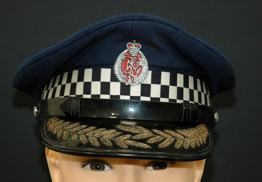 NEW ZEALAND Police Peaked Cap wBadge, Wellington checkered Sillitoe Tartan band, gold-embroidered oak leaves on the visor and a senior officer cap badge - Art goes to War