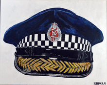 Painting of a navy blue New Zealand police visor cap with a black-and-white checkered band, silver-and-red badge and gold leaf embroidery on the black visor against a pale background.