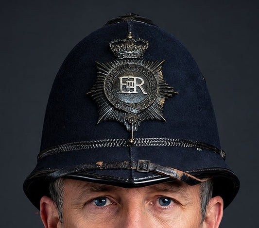Photograph of Police Helmet "Bobby." Hertfordshire Constabulary, United Kingdom. British