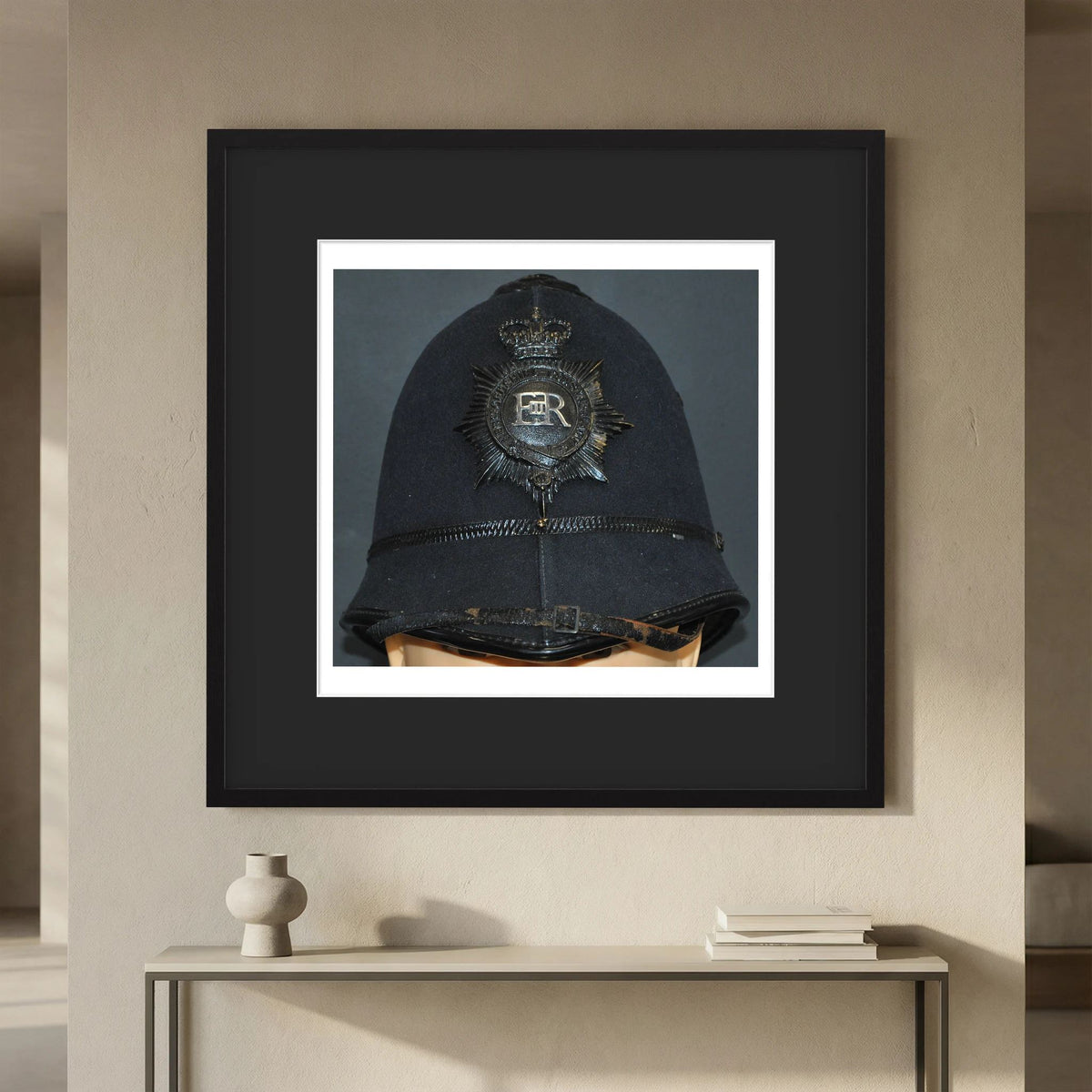 Police Helmet "Bobby." Hertfordshire Constabulary, United Kingdom. British — photograph presentation mockup
