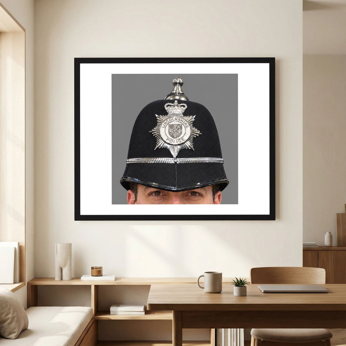 Police Helmet "Bobby." Lincolnshire Police, United Kingdom. British — photograph presentation mockup