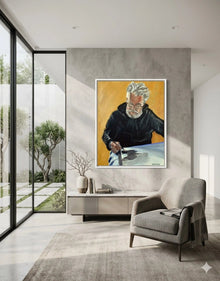 Portrait of the Artist in a white frame, displayed in modern contemporary living-room with light gray decor