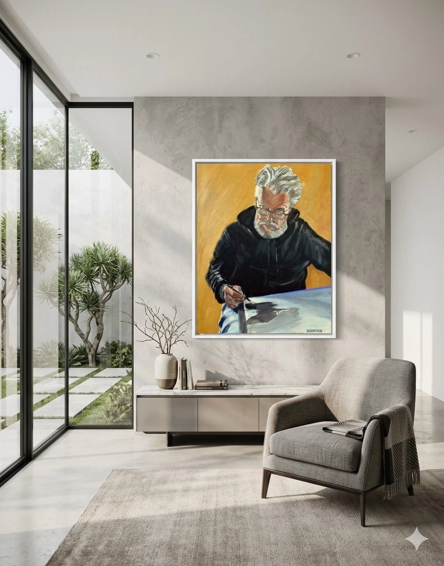 Portrait of the Artist in a white frame, displayed in modern contemporary living-room with light gray decor