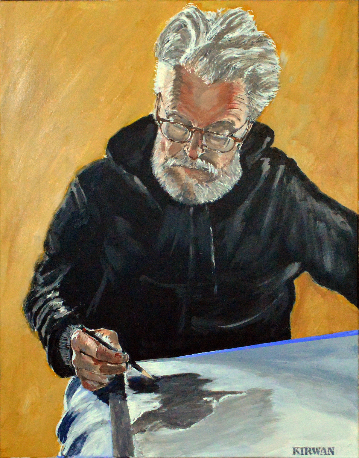 Painting of a white-haired, bearded artist wearing glasses and a black hoodie, working with a paintbrush against a golden-yellow background.