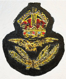 Painting of Royal Air Force officer cap insignia featuring a gold eagle, crown and laurel wreath on a black backing against a white background.