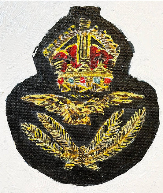 Painting of Royal Air Force officer cap insignia featuring a gold eagle, crown and laurel wreath on a black backing against a white background.