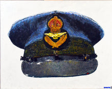 Painting of a blue Royal Air Force WWII pilot officer visor cap with a gold eagle-and-crown badge and dark chinstrap on a white background.