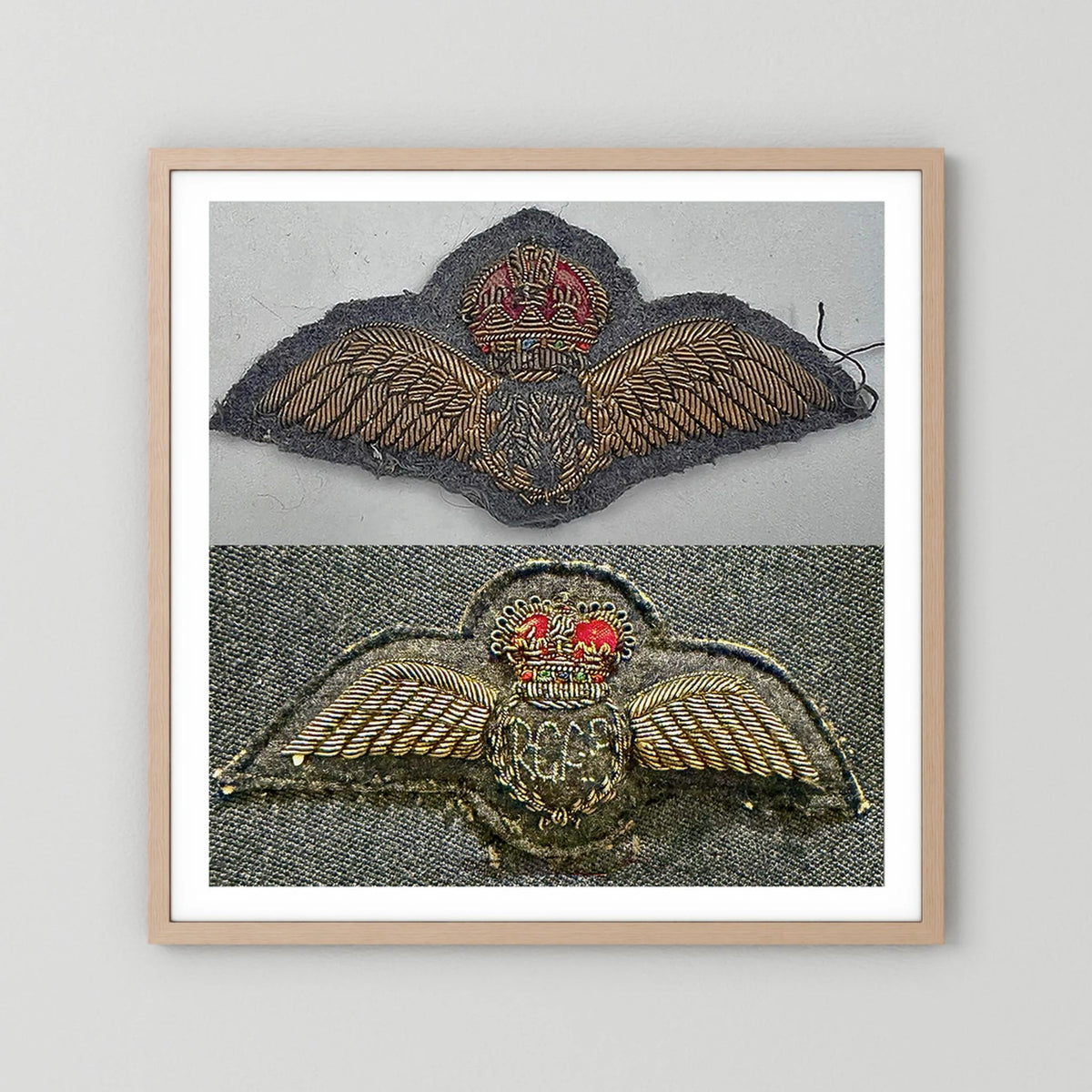 Royal Air Force & Royal Canadian Air Force (RCAF). Bullion thread Wings, WW2 — photograph presentation mockup