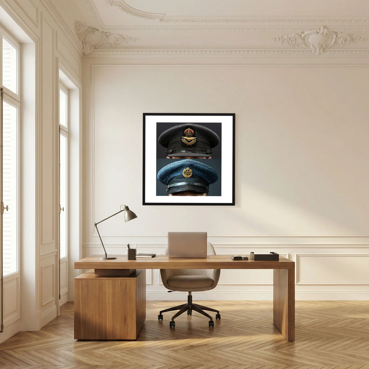 Composite image showing Royal Air Force Visor Caps. Pilot Officer and Ordinary Airman