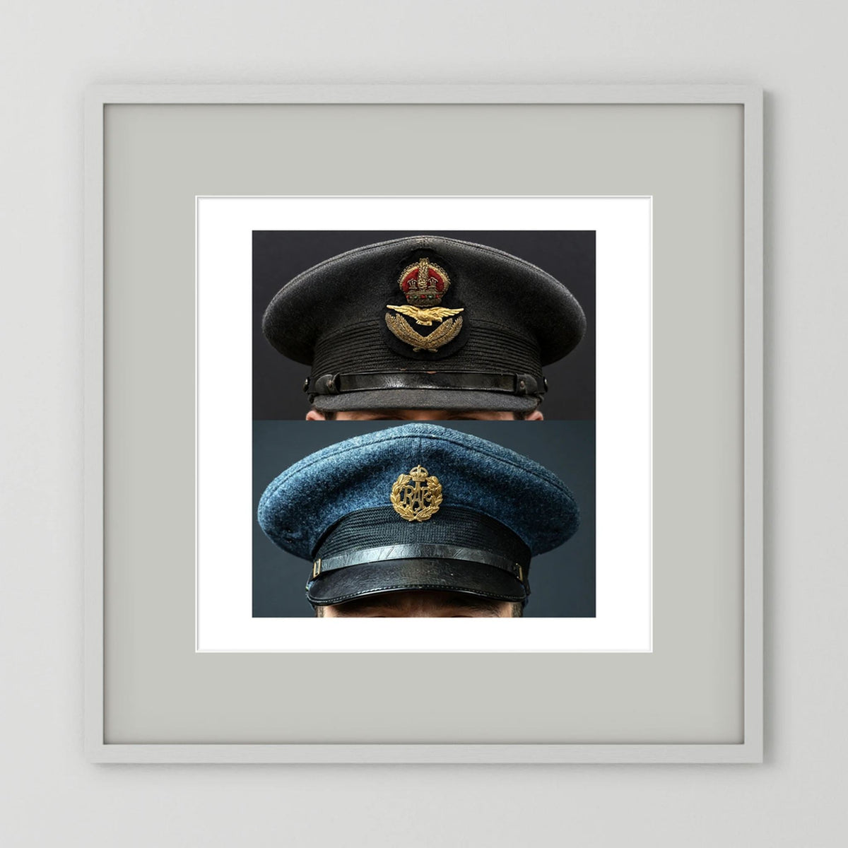 Composite image showing Royal Air Force Visor Caps. Pilot Officer and Ordinary Airman