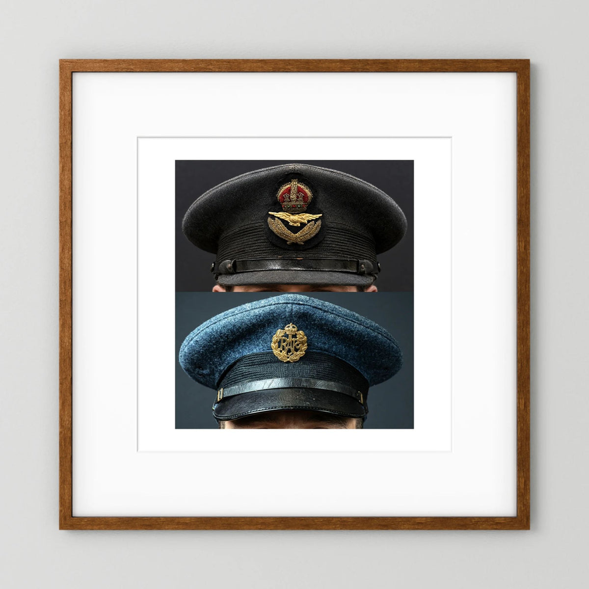 Composite image showing Royal Air Force Visor Caps. Pilot Officer and Ordinary Airman