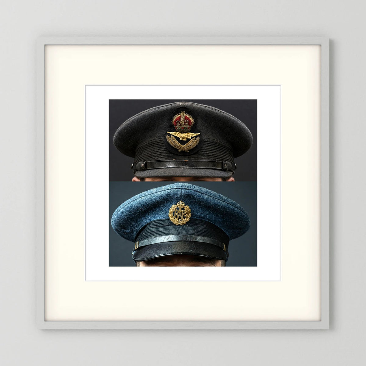 Composite image showing Royal Air Force Visor Caps. Pilot Officer and Ordinary Airman