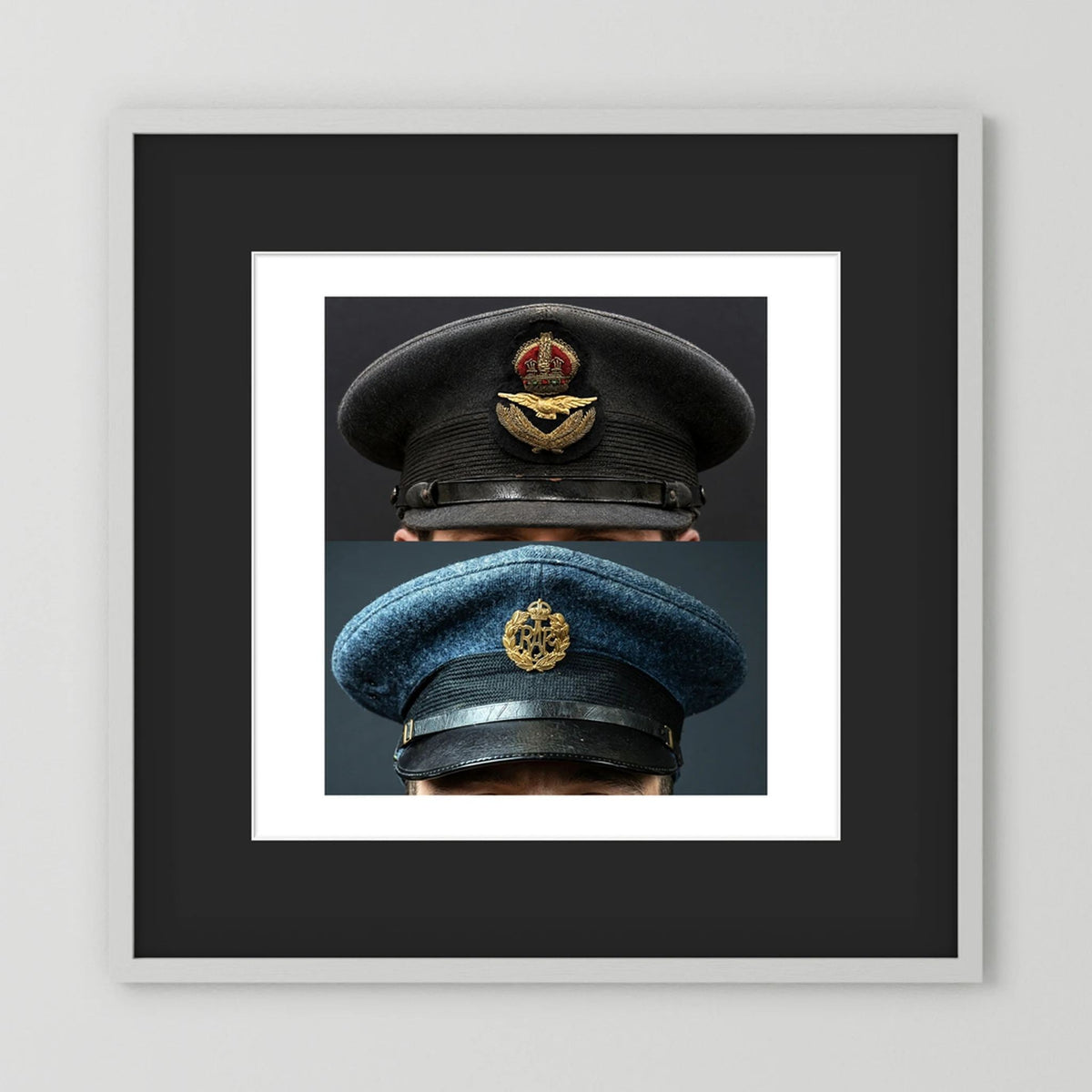 Composite image showing Royal Air Force Visor Caps. Pilot Officer and Ordinary Airman