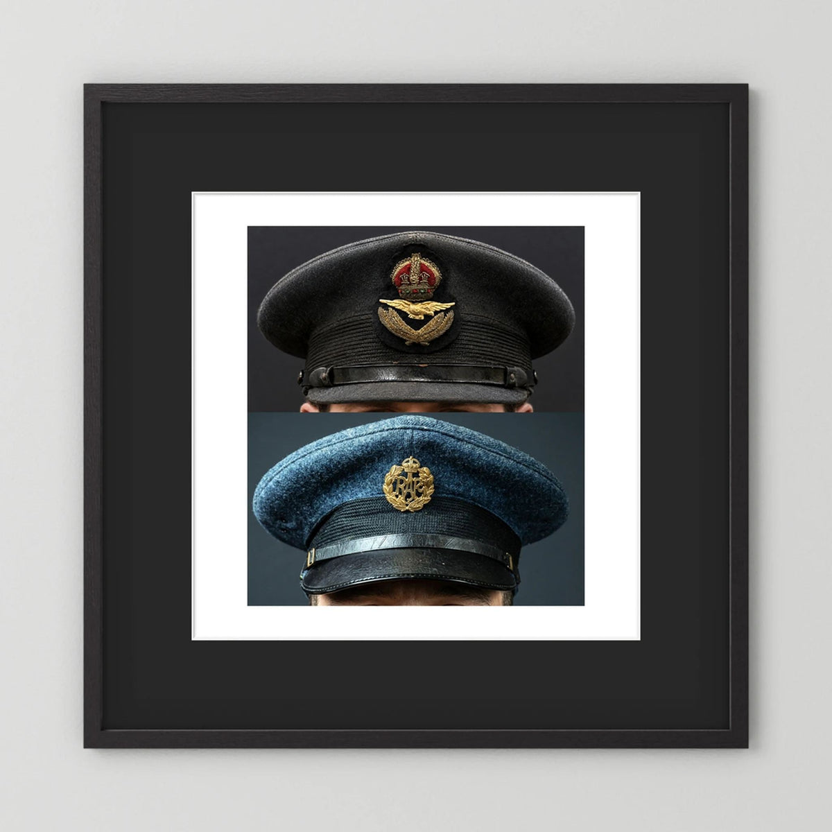 Composite image showing Royal Air Force Visor Caps. Pilot Officer and Ordinary Airman