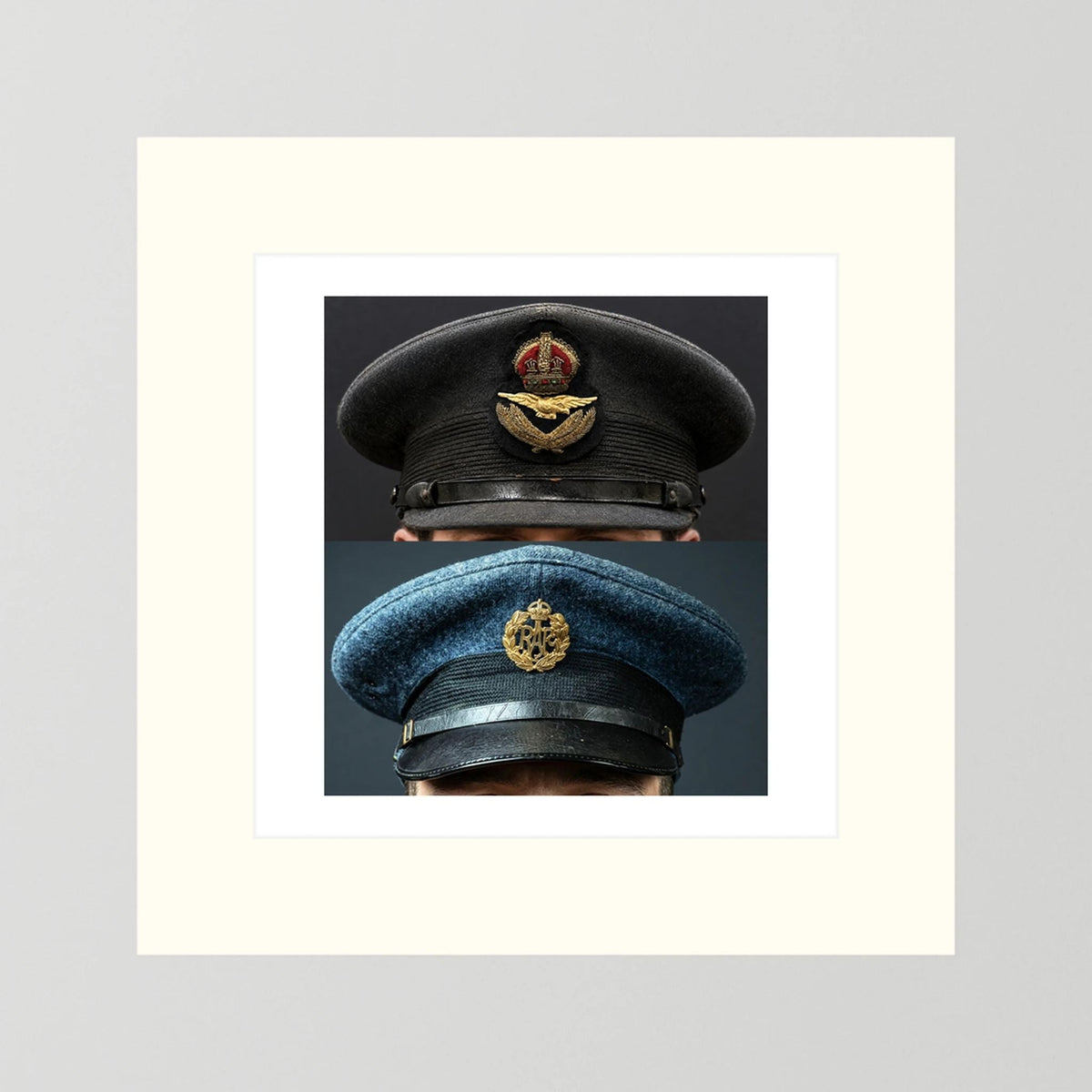 Composite image showing Royal Air Force Visor Caps. Pilot Officer and Ordinary Airman
