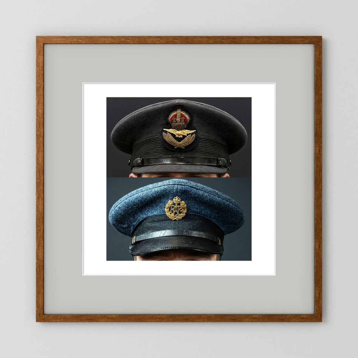 Composite image showing Royal Air Force Visor Caps. Pilot Officer and Ordinary Airman