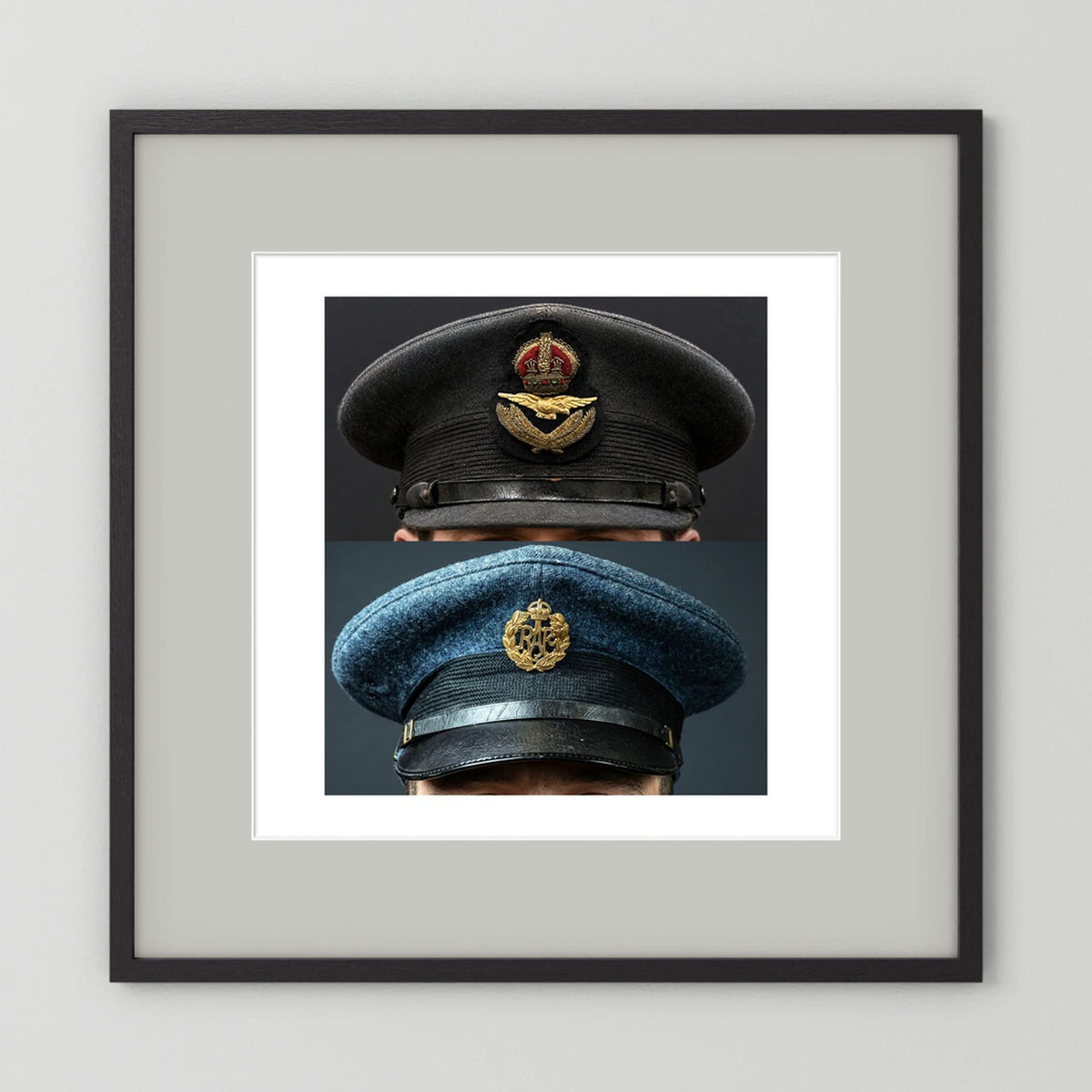 Composite image showing Royal Air Force Visor Caps. Pilot Officer and Ordinary Airman