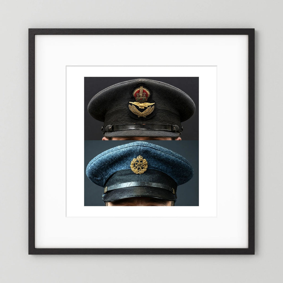 Composite image showing Royal Air Force Visor Caps. Pilot Officer and Ordinary Airman