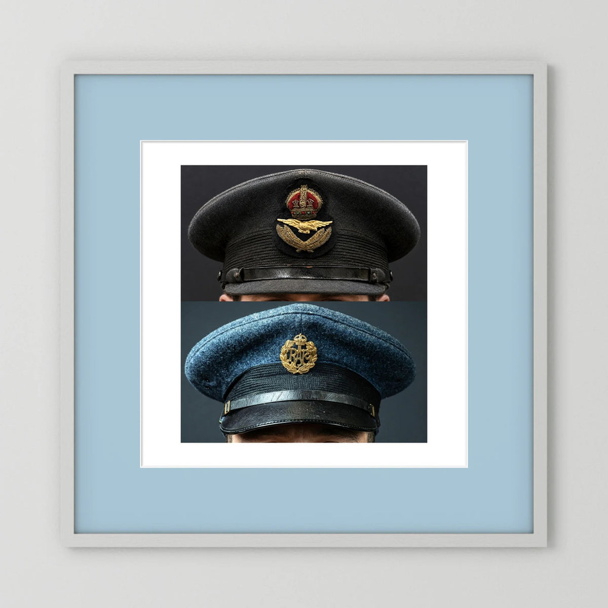 Composite image showing Royal Air Force Visor Caps. Pilot Officer and Ordinary Airman