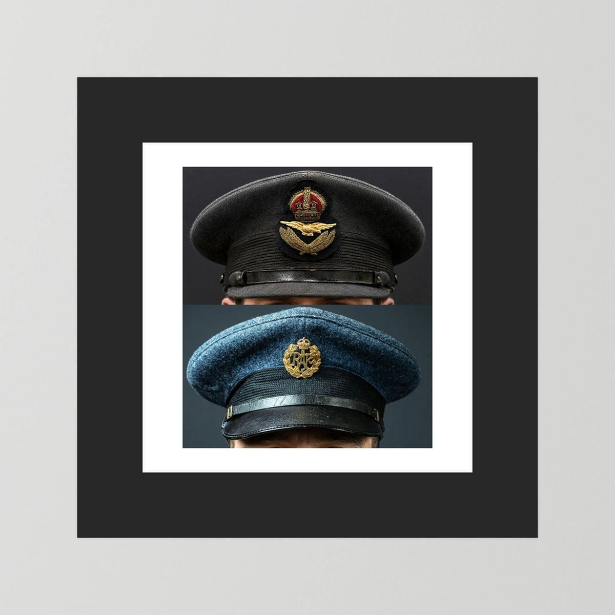 Composite image showing Royal Air Force Visor Caps. Pilot Officer and Ordinary Airman