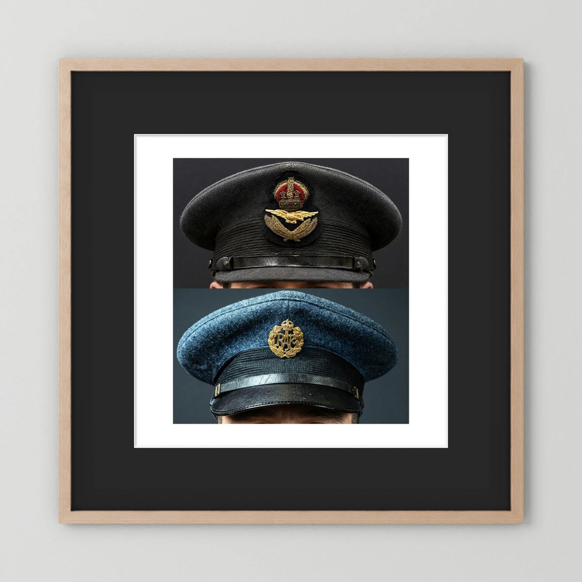 Composite image showing Royal Air Force Visor Caps. Pilot Officer and Ordinary Airman