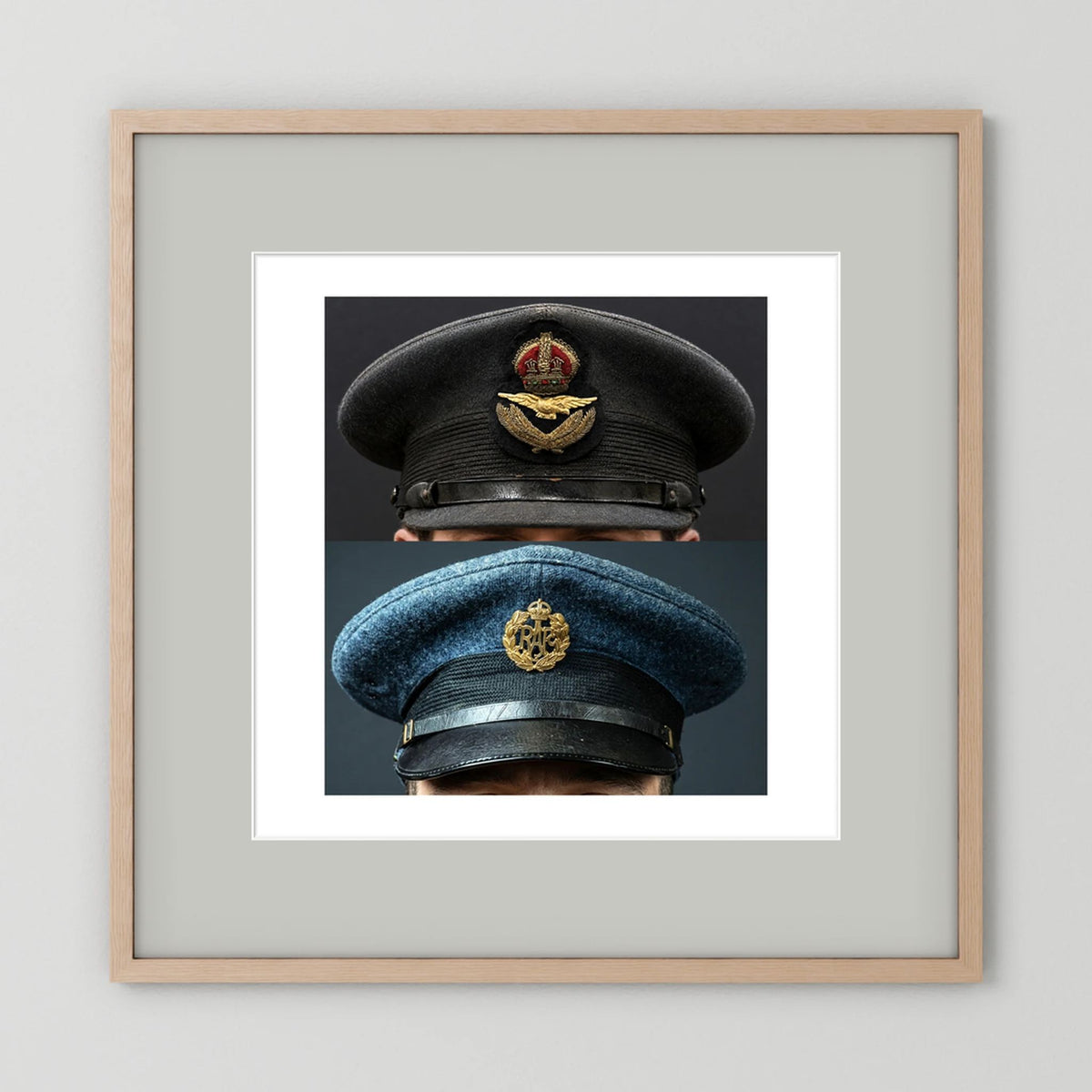 Composite image showing Royal Air Force Visor Caps. Pilot Officer and Ordinary Airman