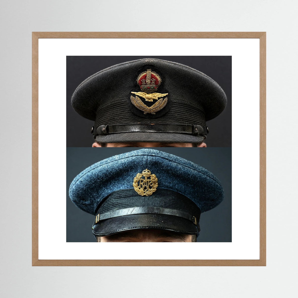 Composite image showing Royal Air Force Visor Caps. Pilot Officer and Ordinary Airman
