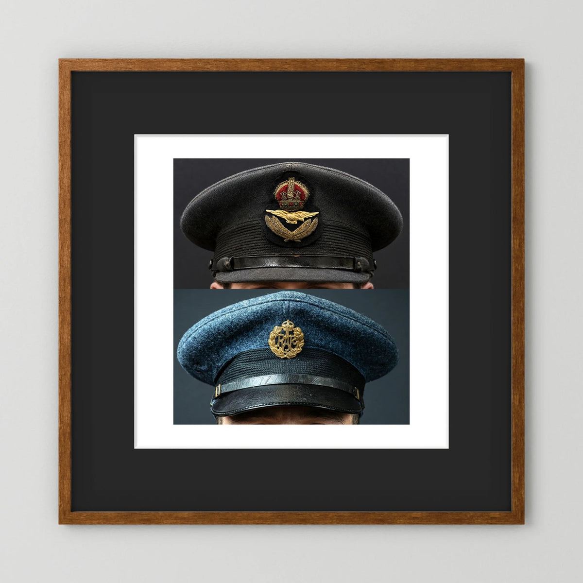 Composite image showing Royal Air Force Visor Caps. Pilot Officer and Ordinary Airman
