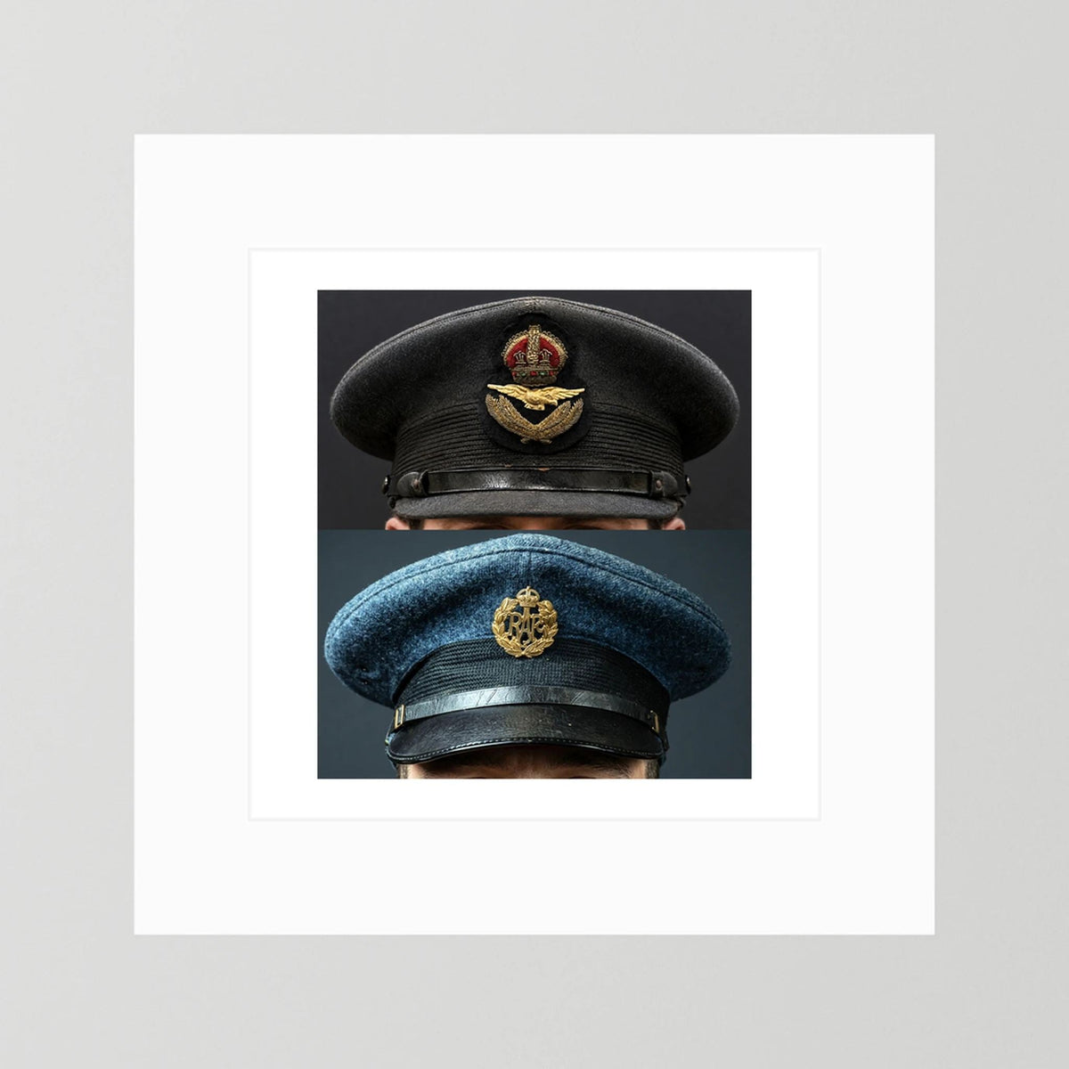 Composite image showing Royal Air Force Visor Caps. Pilot Officer and Ordinary Airman