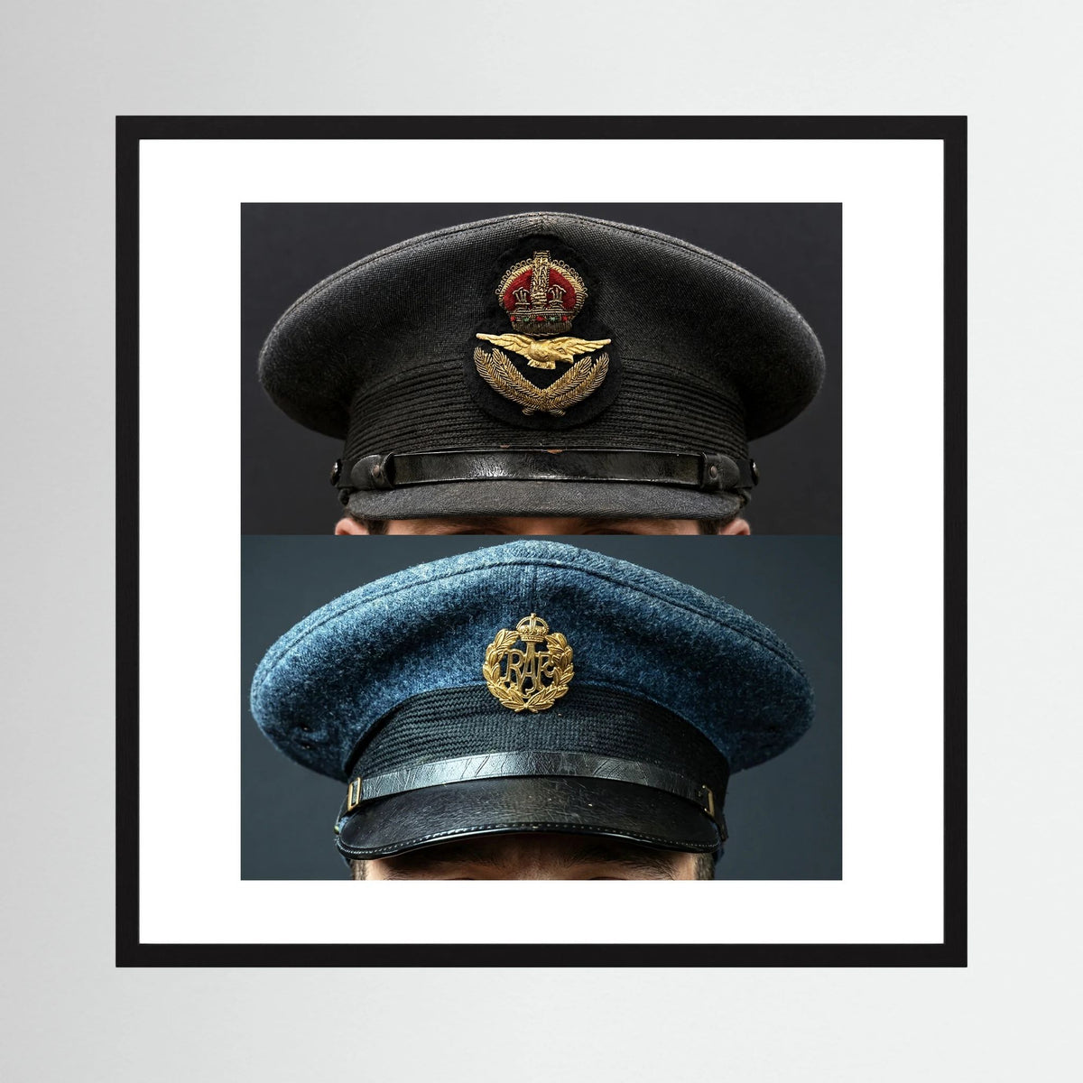 Composite image showing Royal Air Force Visor Caps. Pilot Officer and Ordinary Airman