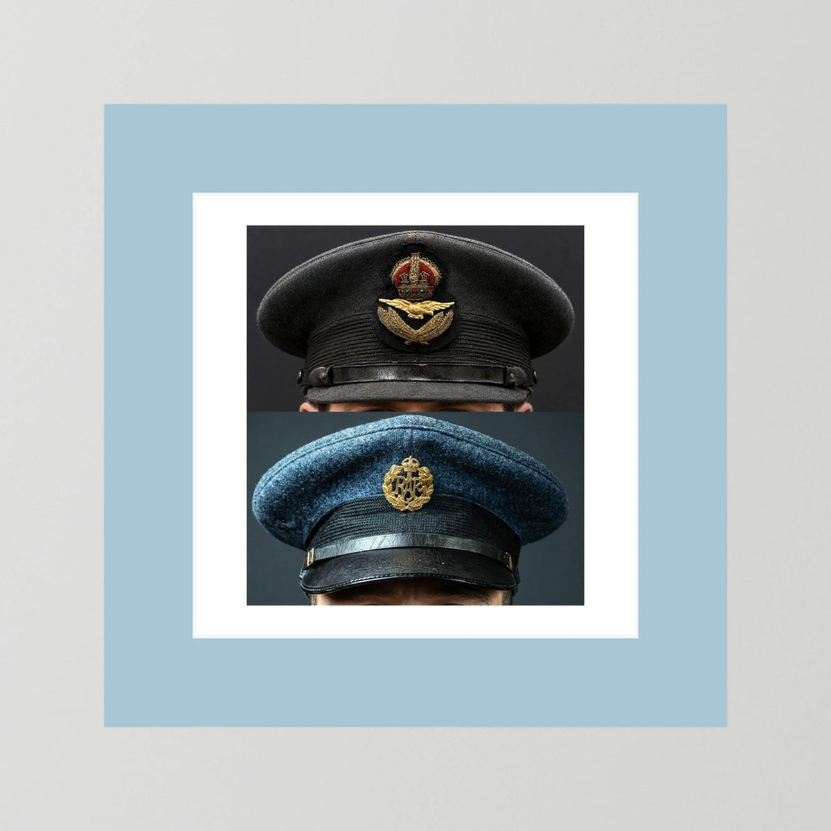 Composite image showing Royal Air Force Visor Caps. Pilot Officer and Ordinary Airman