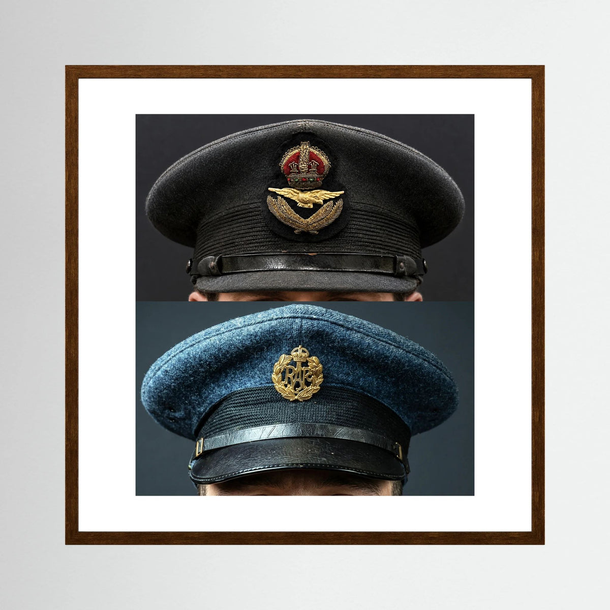Composite image showing Royal Air Force Visor Caps. Pilot Officer and Ordinary Airman