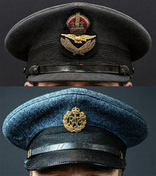 Composite image showing Royal Air Force Visor Caps. Pilot Officer and Ordinary Airman