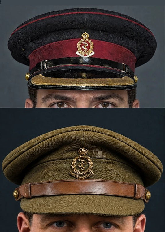 Composite image showing Royal Army Medical Corps Dress and Undress Visor Caps