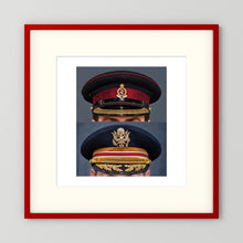 Composite image showing Royal Army Medical Corps Dress WWII and US Army Medical Department Dress Cap Post War