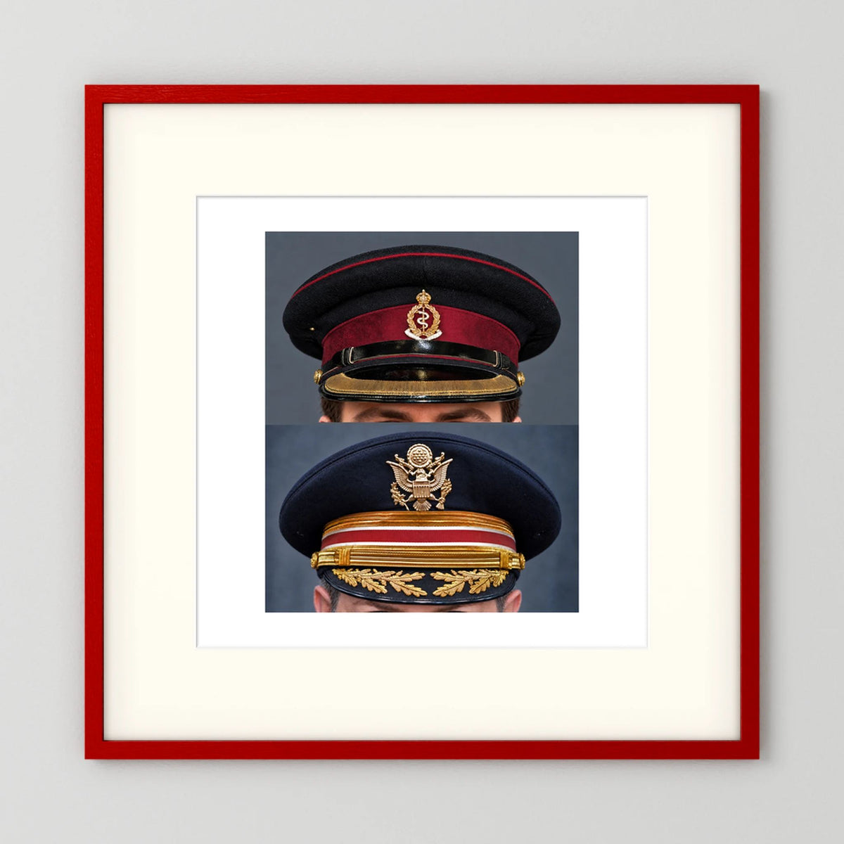 Composite image showing Royal Army Medical Corps Dress WWII and US Army Medical Department Dress Cap Post War