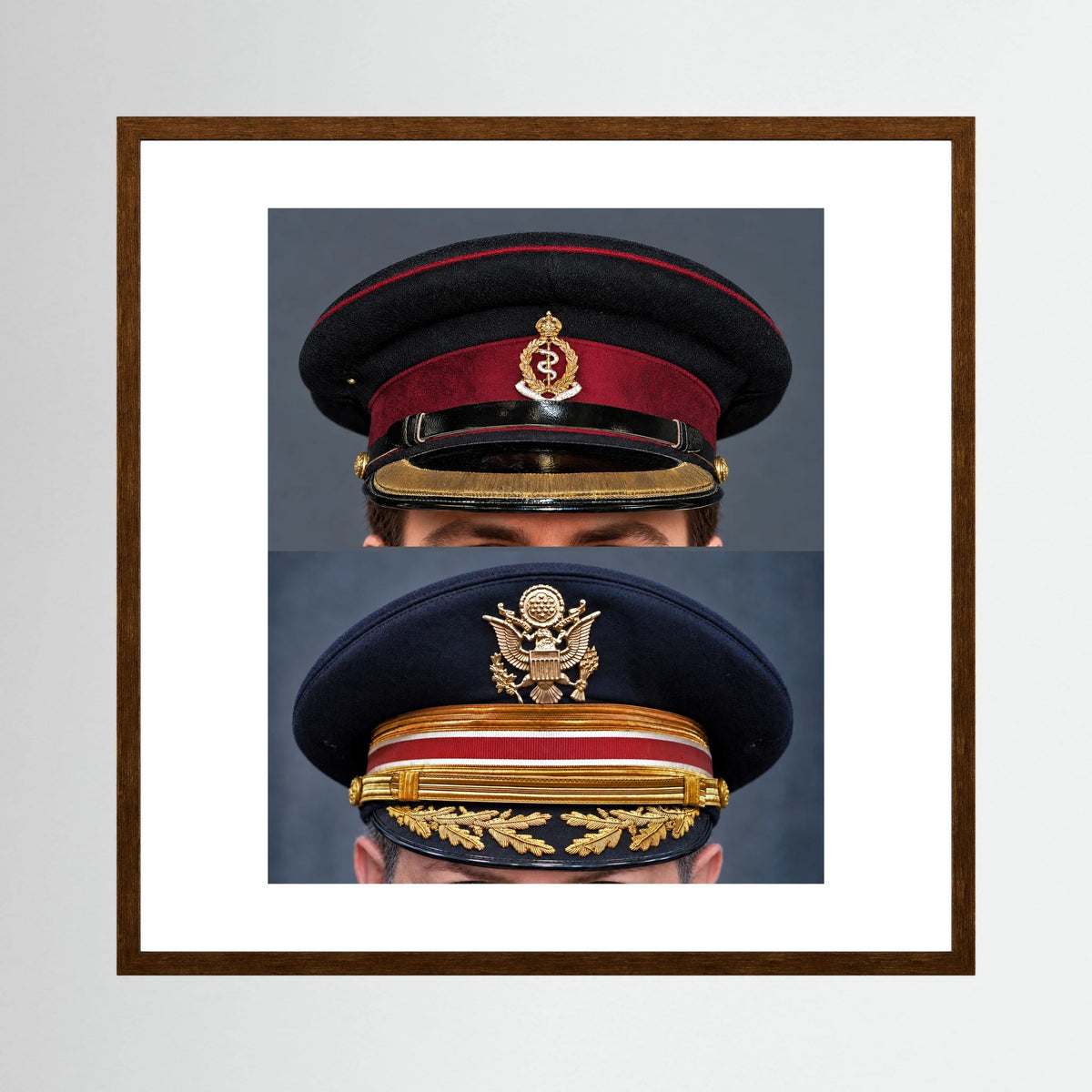 Composite image showing Royal Army Medical Corps Dress WWII and US Army Medical Department Dress Cap Post War
