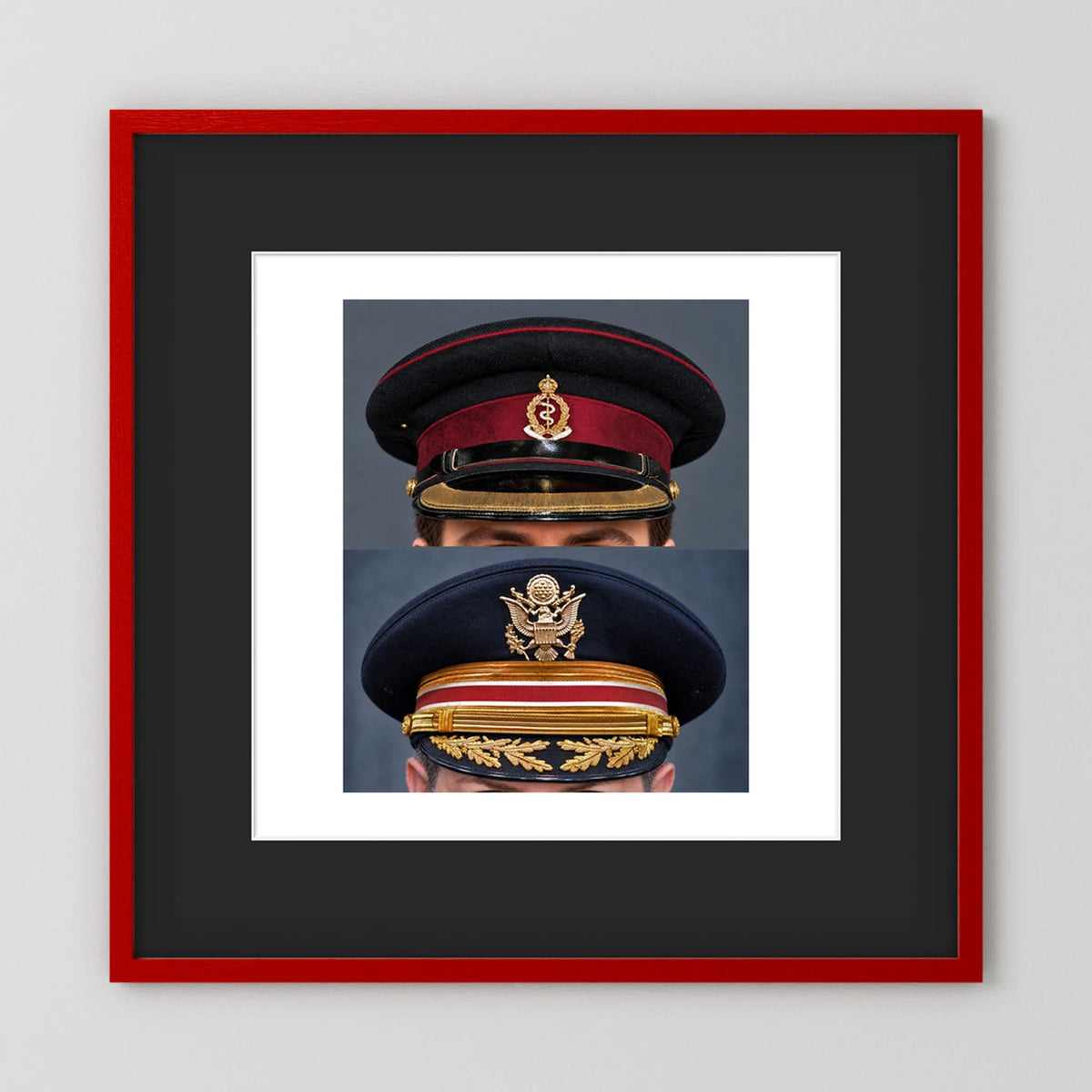 Composite image showing Royal Army Medical Corps Dress WWII and US Army Medical Department Dress Cap Post War