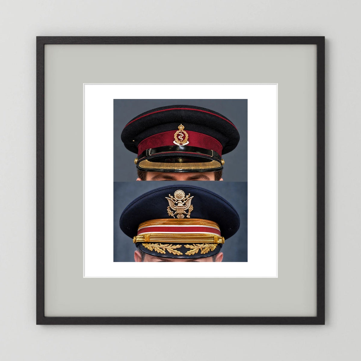 Composite image showing Royal Army Medical Corps Dress WWII and US Army Medical Department Dress Cap Post War