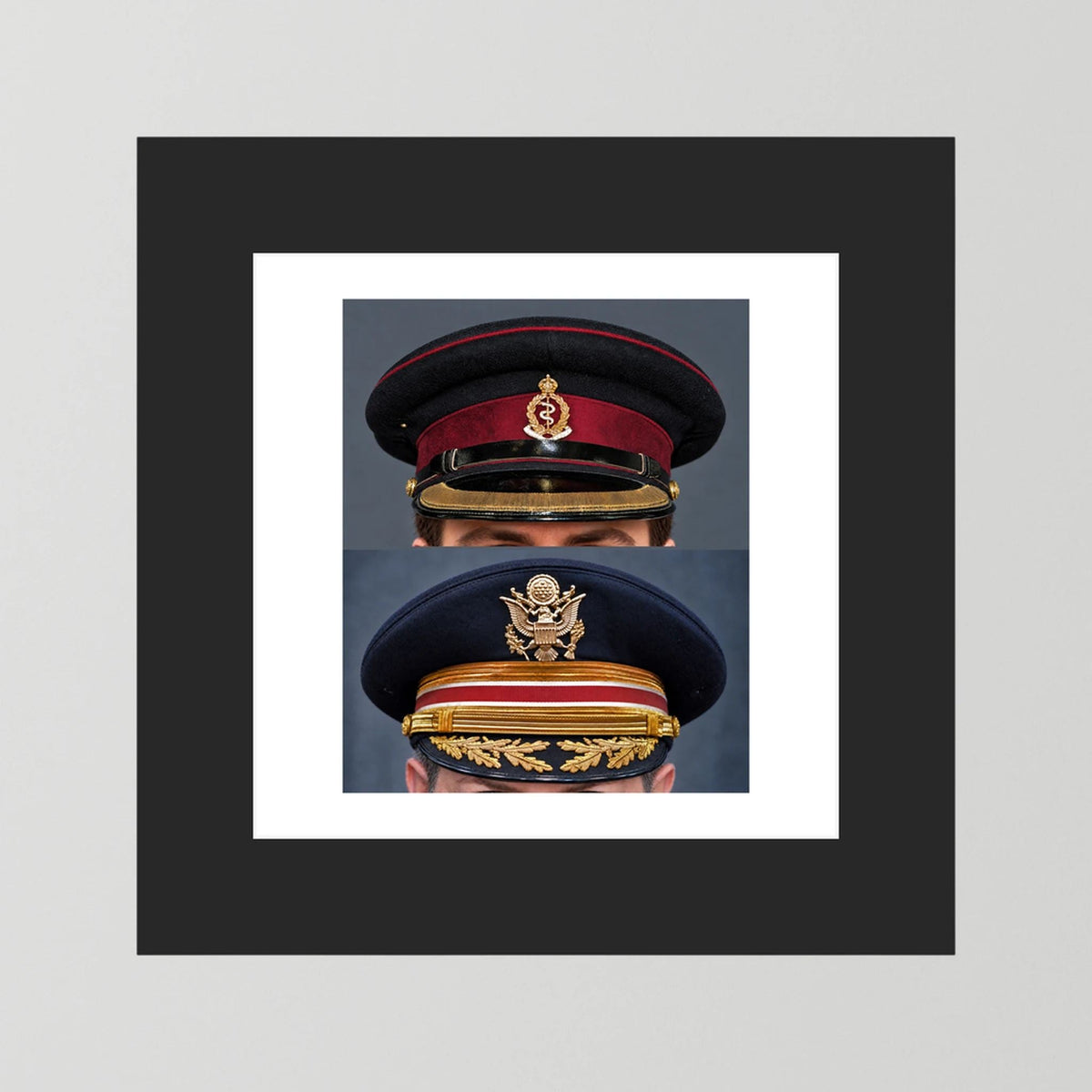 Composite image showing Royal Army Medical Corps Dress WWII and US Army Medical Department Dress Cap Post War