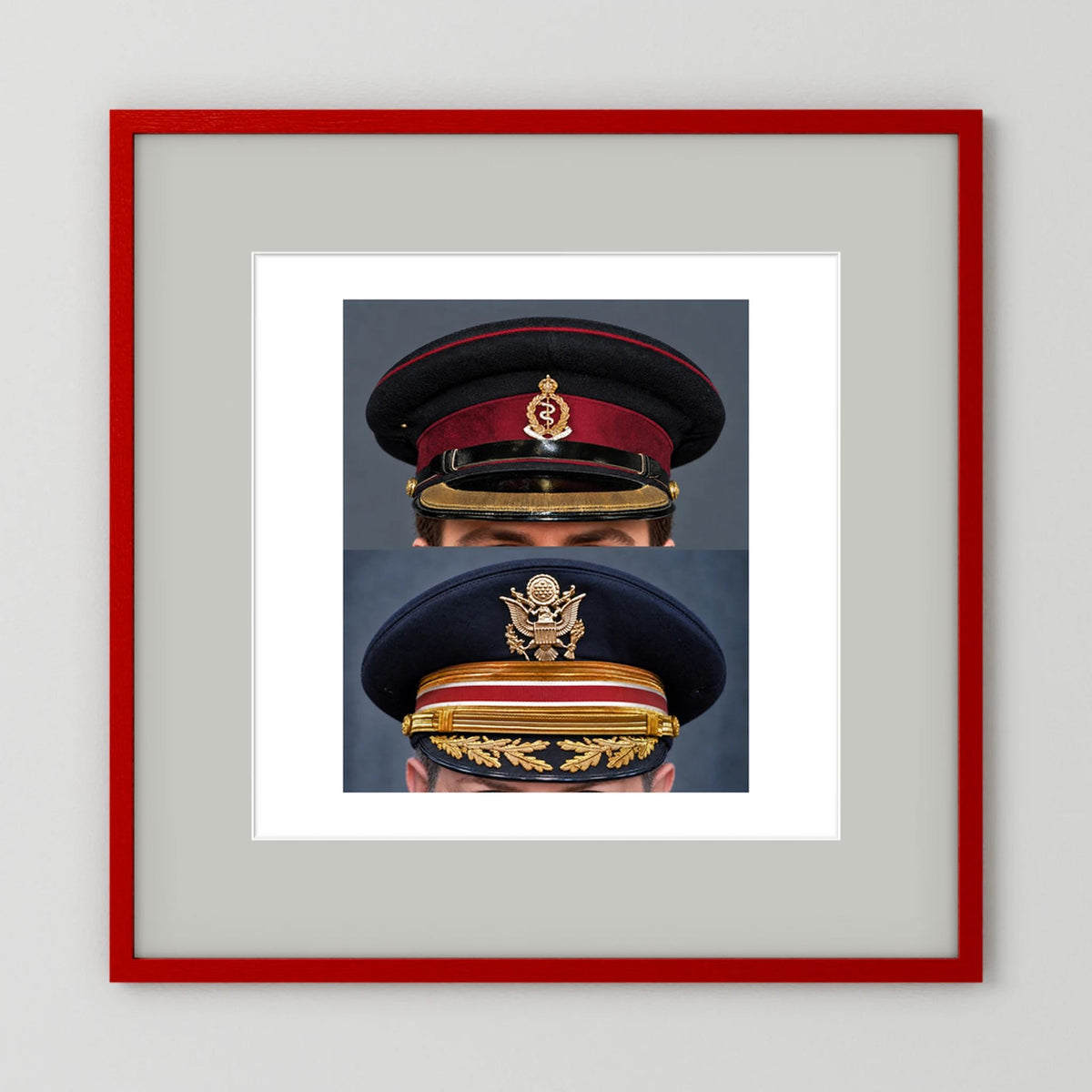 Composite image showing Royal Army Medical Corps Dress WWII and US Army Medical Department Dress Cap Post War
