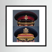 Composite image showing Royal Army Medical Corps Dress WWII and US Army Medical Department Dress Cap Post War