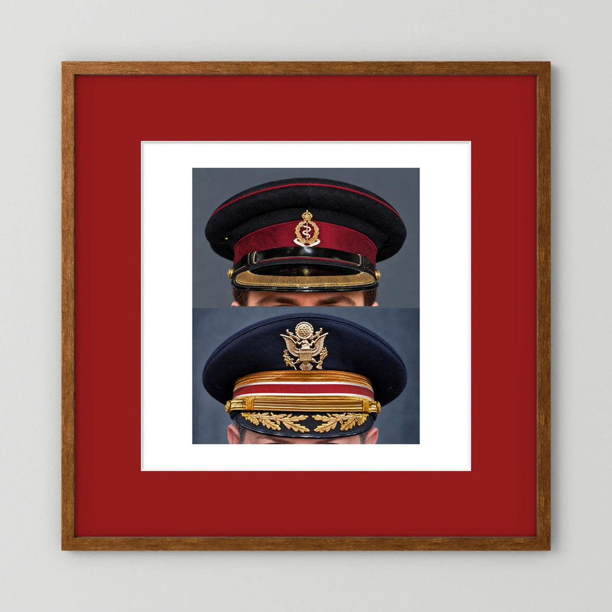 Composite image showing Royal Army Medical Corps Dress WWII and US Army Medical Department Dress Cap Post War