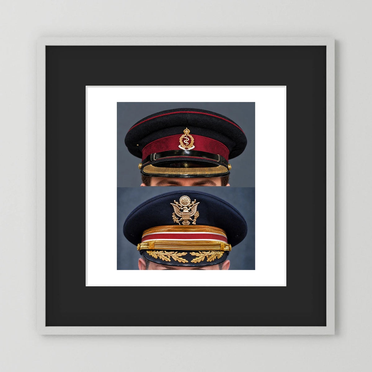 Composite image showing Royal Army Medical Corps Dress WWII and US Army Medical Department Dress Cap Post War