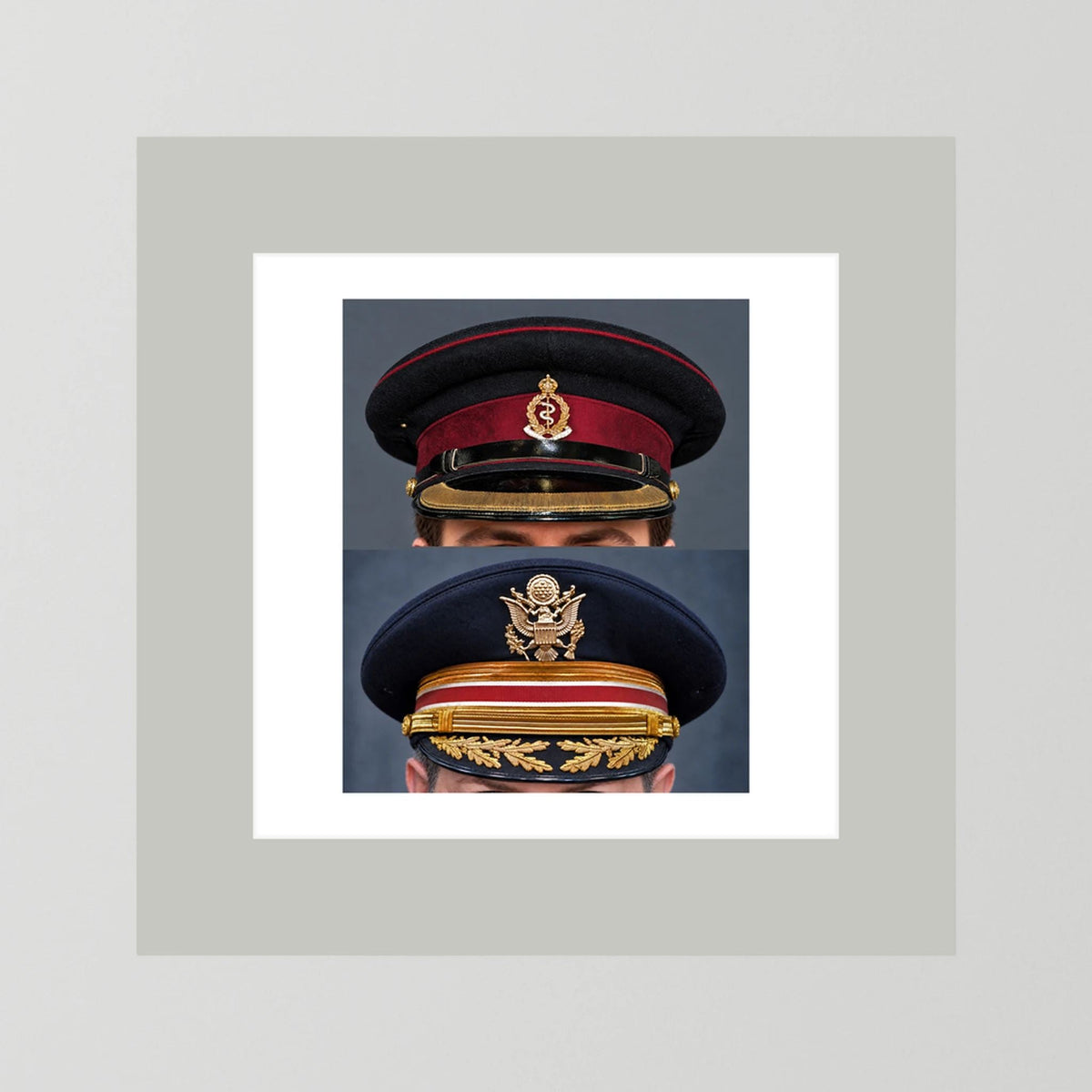 Composite image showing Royal Army Medical Corps Dress WWII and US Army Medical Department Dress Cap Post War